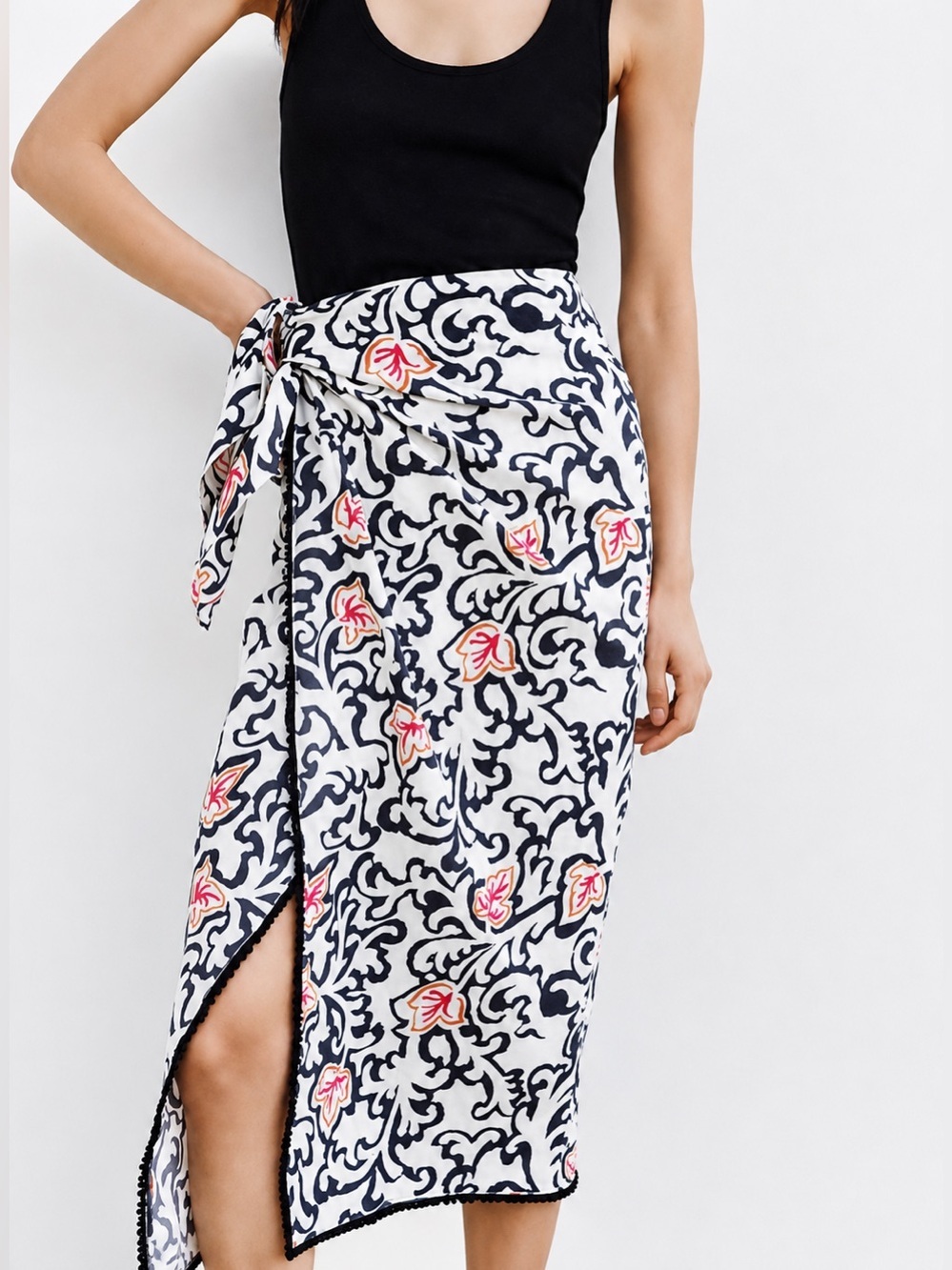 Zara Pareo linen blend floral midi skirt, small